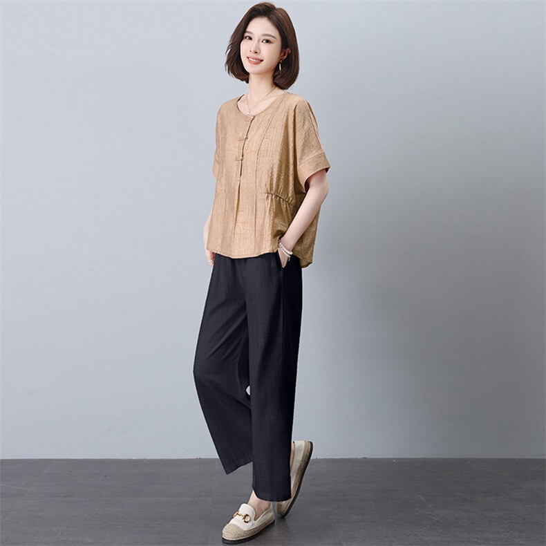 棉麻套装女2025夏季新款高端时尚洋气减龄遮肚显瘦休闲妈妈两件套,女装套装/套裙,阿丹