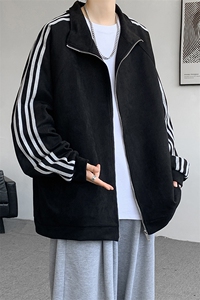 8XL-M特大码麂皮绒重磅条纹棒球服夹克外套男立领潮JK004P75控98图片