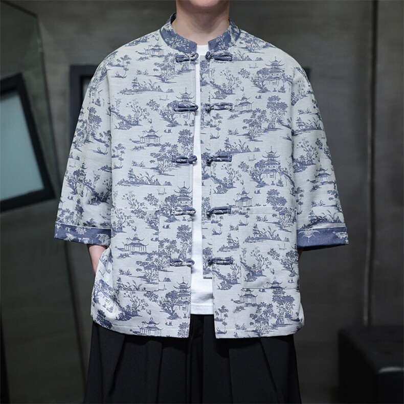 2025中式新款仿牛仔手感花纹提花七分袖衬衫开衫KS518-P75控98图片