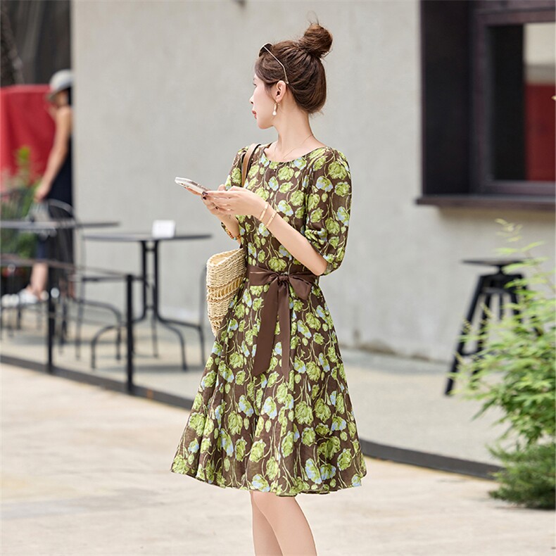 高端精致天丝连衣裙夏装新款时尚气质印花遮肚显瘦高级感裙子,女装连衣裙,姿衣坊