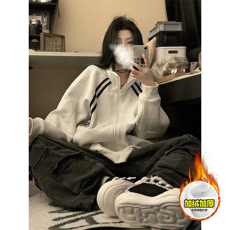 480G重磅加绒硬挺boxy男女秋冬美式高街织带撞色立领卫衣开衫外套,女装短外套,电商A486-1