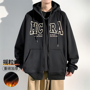 2023冬季新款港风加绒加厚撞色字母印花开衫连帽卫衣23136-P58图片