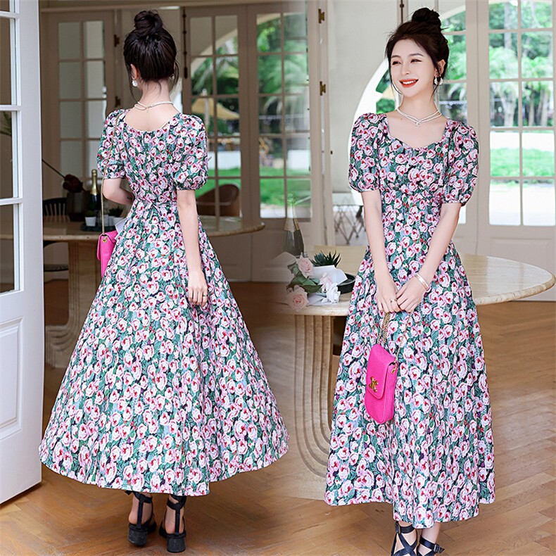 春年夏新款印花大摆长裙法式小众泡泡袖茶歇裙，女装连衣裙，海爱依仁
