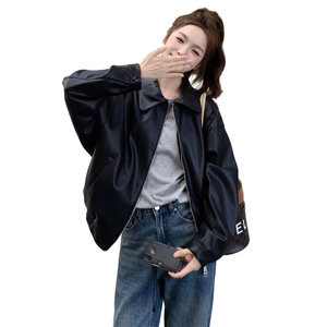 甜酷风休闲复古翻领黑色皮衣外套女春秋小个子机车服PU夹克巨好看图片