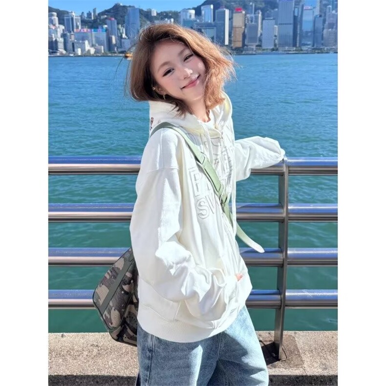 新款美式复古开衫卫衣男女2025秋季宽松外套高街设计感印花上衣,女装短外套,星座506A