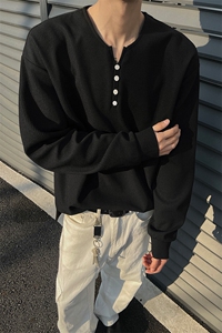 华夫格亨利领长袖T恤男春秋季潮牌美式ins宽松大码痞帅内搭打底衫图片