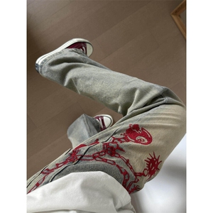 【有货】NG51LL-特P45 水洗做旧红链条牛仔裤男美式高街裤子图片