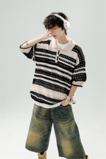 8XL-M特大码美式复古条纹撞色针织POLO衫翻领休闲短袖TDX311P35，男装T恤，电商D206-1