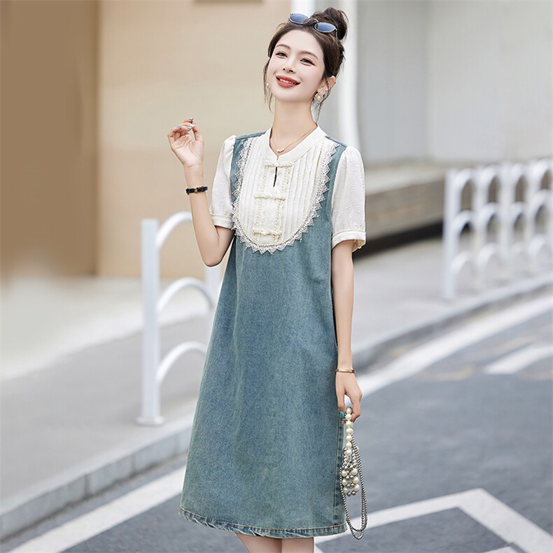 新中式牛仔连衣裙女2025夏季爆款小个子时尚宽松显瘦气质国风裙子,女装连衣裙,琦鑫阁（原依鑫阁）