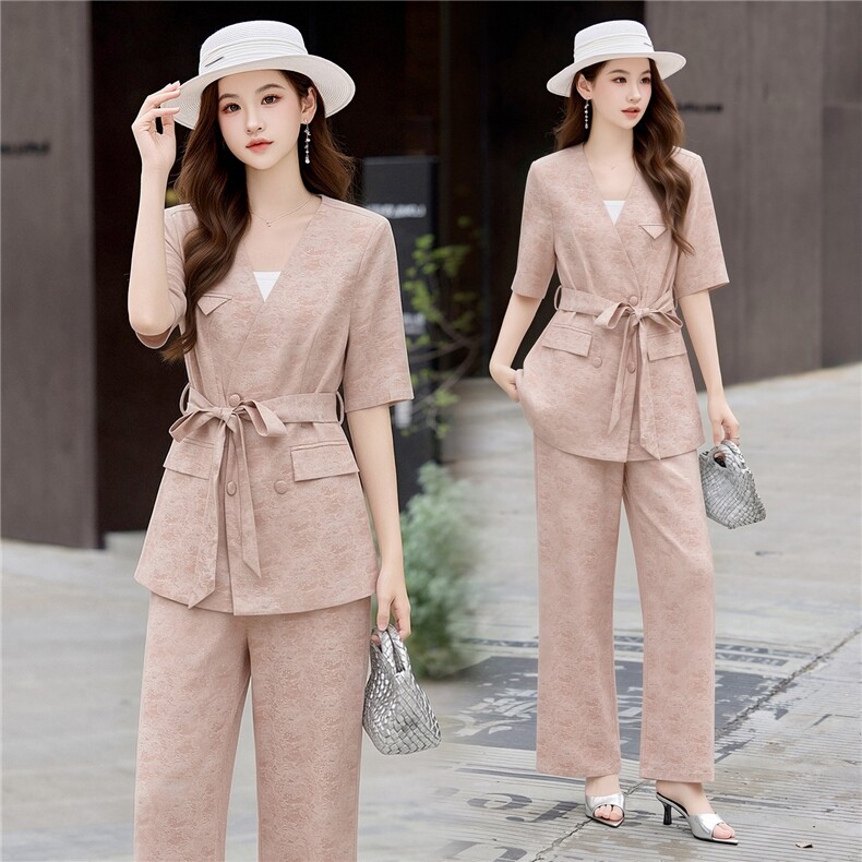 现货新中式轻熟气质2026夏季新款高级感印花系带西装阔腿裤两件套，女装套装/套裙，卡杰菲