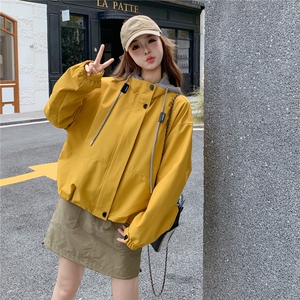 黄色假两件连帽休闲外套女2025春秋新款超好看小个子百搭户外上衣图片