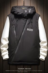 木板斜拉链装饰连帽棉马甲男冬季防风黑色马甲A090-MJ20p75限98图片