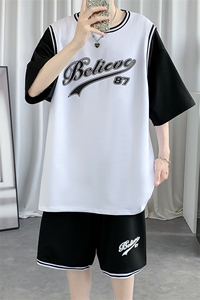 纯棉夏季短袖T恤套装宽松潮流篮球服男两件套男装F312P60控89图片