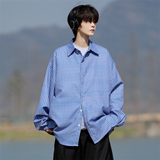 wassuphappy格子长袖衬衫男春秋季复古宽松上衣服青少年休闲外套，男装衬衫，电商B312