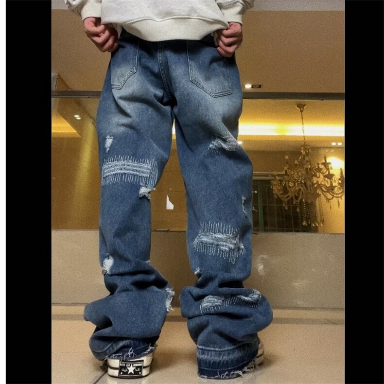 美式高街vibe风割烂破洞做旧牛仔裤男宽松直筒显瘦长裤AM8903P54,男装牛仔裤,星座1013-5