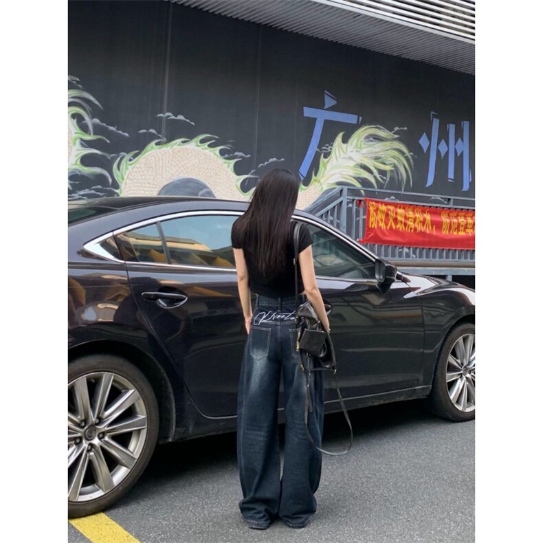 美式复古高腰弯刀牛仔裤春季新款高街设计感宽松显瘦阔腿拖地裤,男装牛仔裤,四季星座505