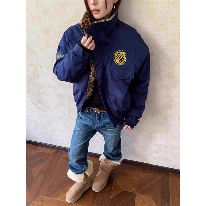 美式潮牌座山雕豹纹毛领短款棉服廓形宽松保暖加厚工装短外套男女,男装棉衣,星座1210-1