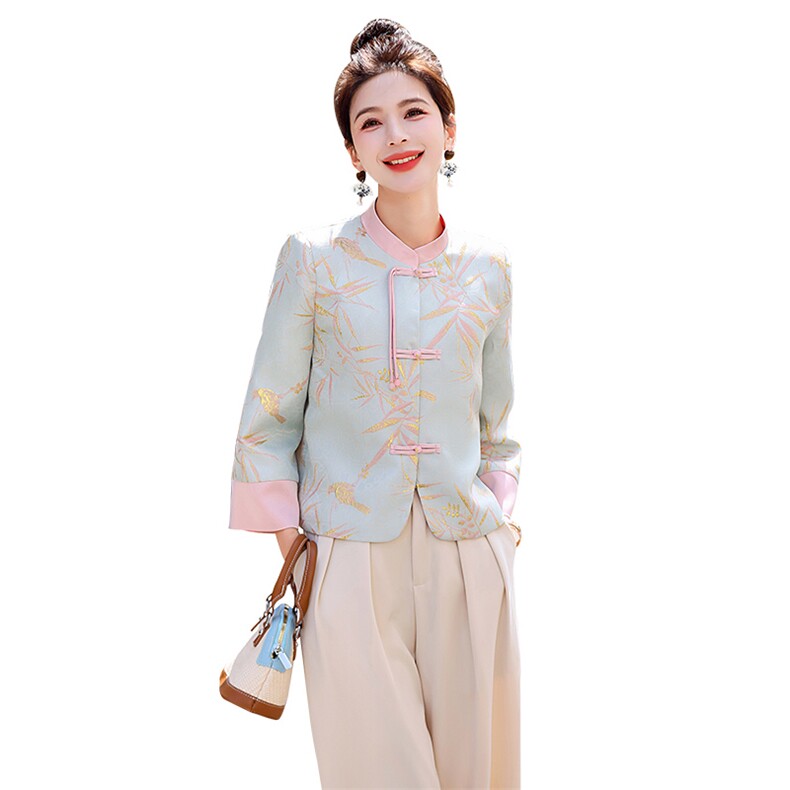 新中式国风短款外套女2025春秋新款复古盘扣提花改良唐装立领上衣,女装短外套,姿衣坊