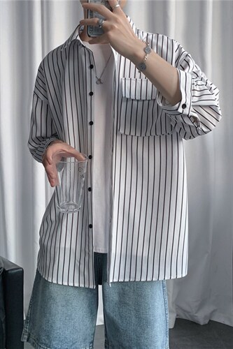 C2037/P35夏季条纹工装短袖衬衣男士宽松衬衫五分袖潮大码上衣男,男装衬衫,电商A141