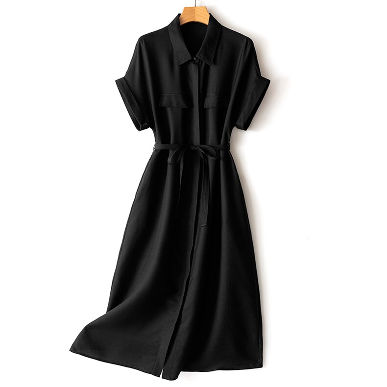 夏季新款简约百搭黑色短袖连衣裙女宽松休闲长裙，女装连衣裙，瑞上羊绒