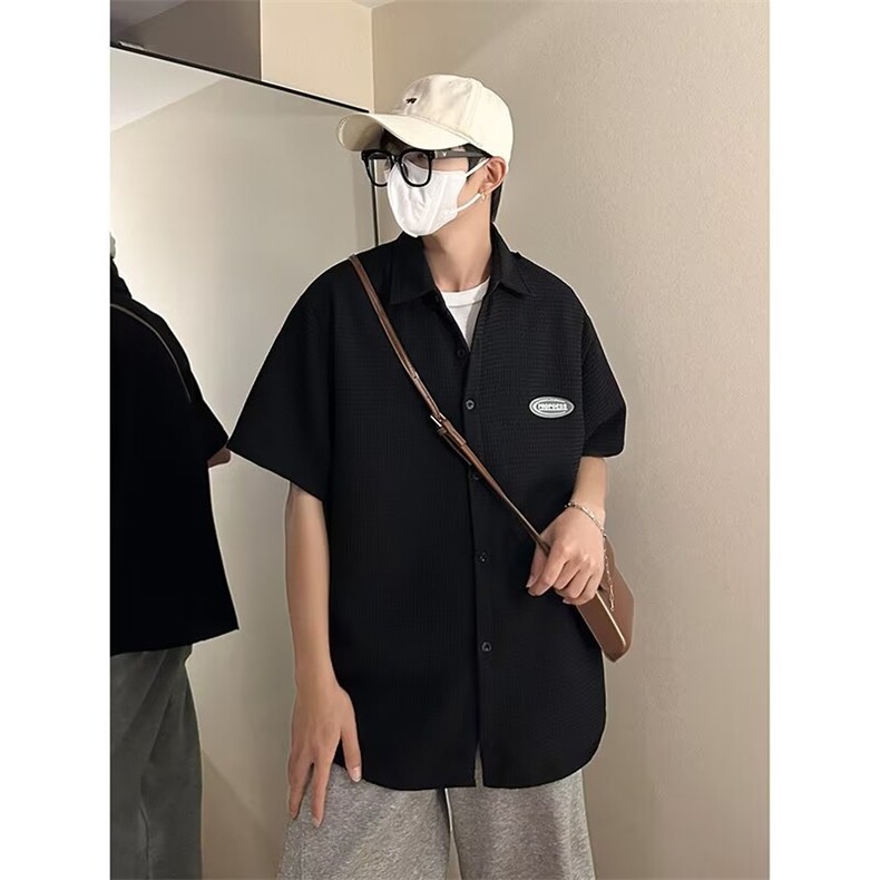 复古衬衫男短袖夏港风宽松小众设计感趣味新款男装上衣送项链C659,男装衬衫,星座1013