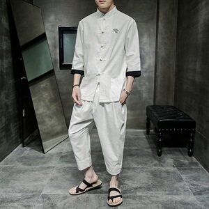 2021夏季新款中国风套装男大码唐装七分袖衬衫男休闲裤TZ073/P100图片