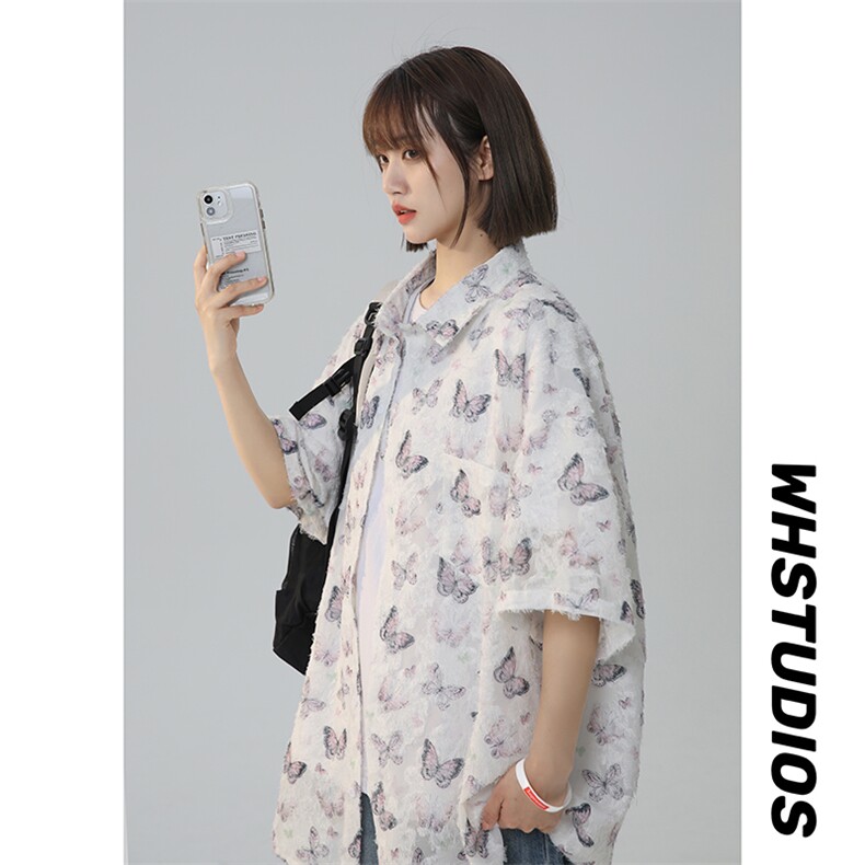 蝴蝶印花流苏短袖衬衫男女春夏季无性别设计休闲衬衣C528P50，男装T恤，星座201-2