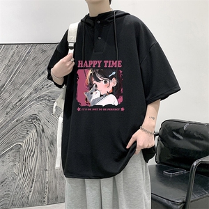 LD54353-P45NASA 连帽短袖t恤男大码胖子带帽五分袖中袖图片