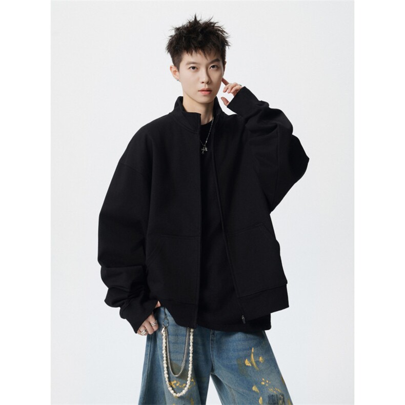706-LK2150-P48现货秋季美式情侣廓形纯色拉链开衫立领卫衣,男装卫衣,星座706