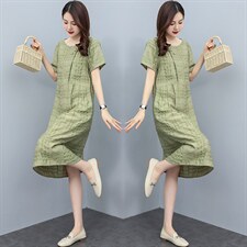 现货2024夏季新款简约气质圆领宽松舒适休闲连衣裙，女装连衣裙，妃曼