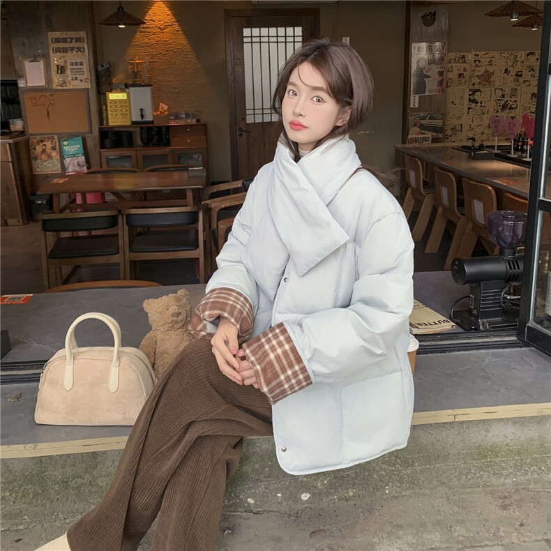 新款50绒撞色拼接加厚羽绒服带围巾2D035-25126P255K378图片