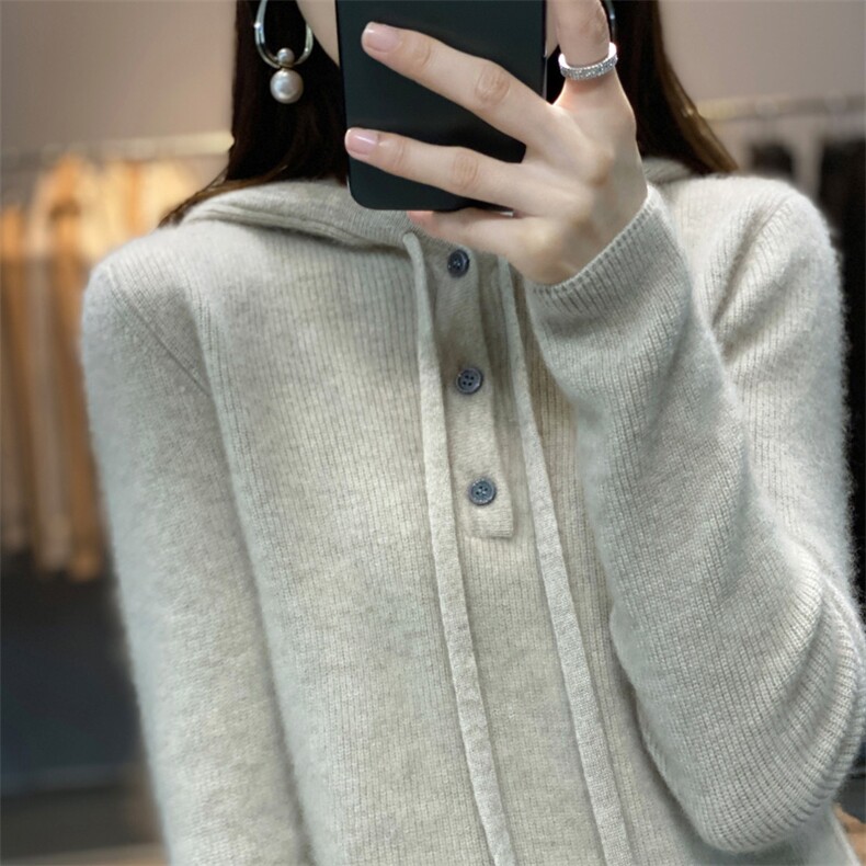 25秋冬新款抽绳连帽纯羊毛衫女宽松带帽卫衣羊绒衫针织毛衣打底衫,针织衫/毛衣,艾驰羊绒