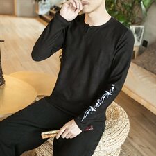 2021春秋季新款男装中国风原创仙鹤刺绣长袖大码提花棉T恤G6611-，男装T恤，电商B277(原6028)