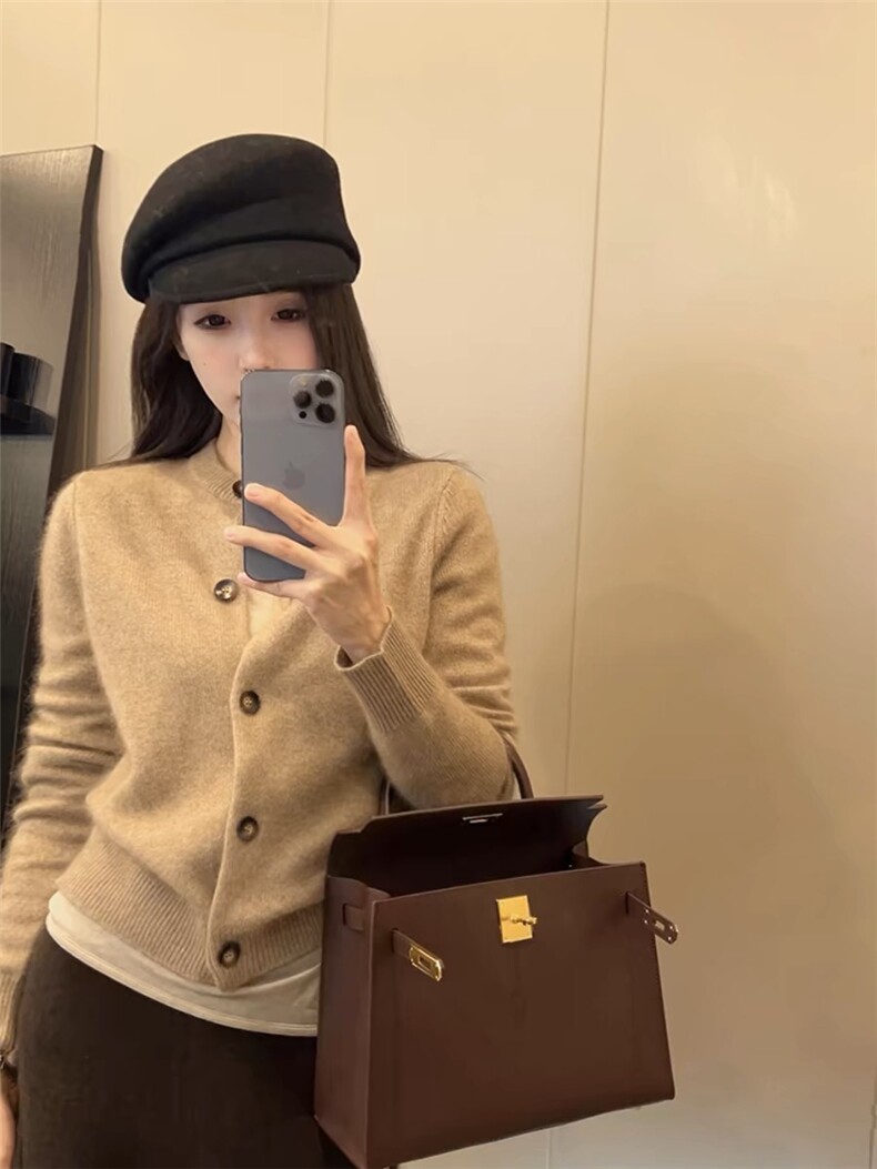 小香风气质短款针织开衫女春秋宽松显瘦圆领毛衣外套羊毛外搭,针织衫/毛衣,千御纺羊绒