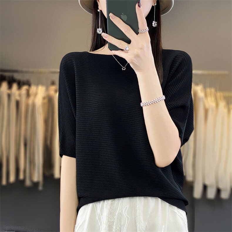 夏季高级感冰丝蝙蝠衫女2025宽松显瘦一字领半袖T恤上衣垂感小衫,女装T恤,丽特绒