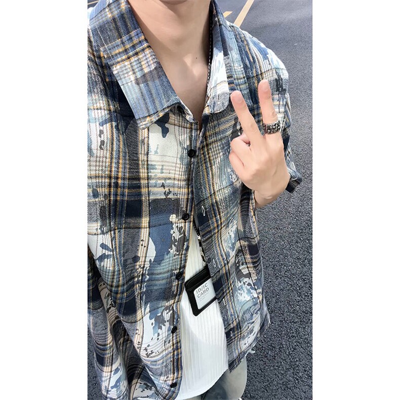 美式扎染格子衬衫短袖男女同款夏季衬衣半袖外套DC2240-特价P25,男装衬衫,电商A007
