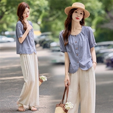 时尚气质休闲套装女2025夏季全棉条纹衬衫上衣阔腿裤显瘦两件套，女装套装/套裙，依万里