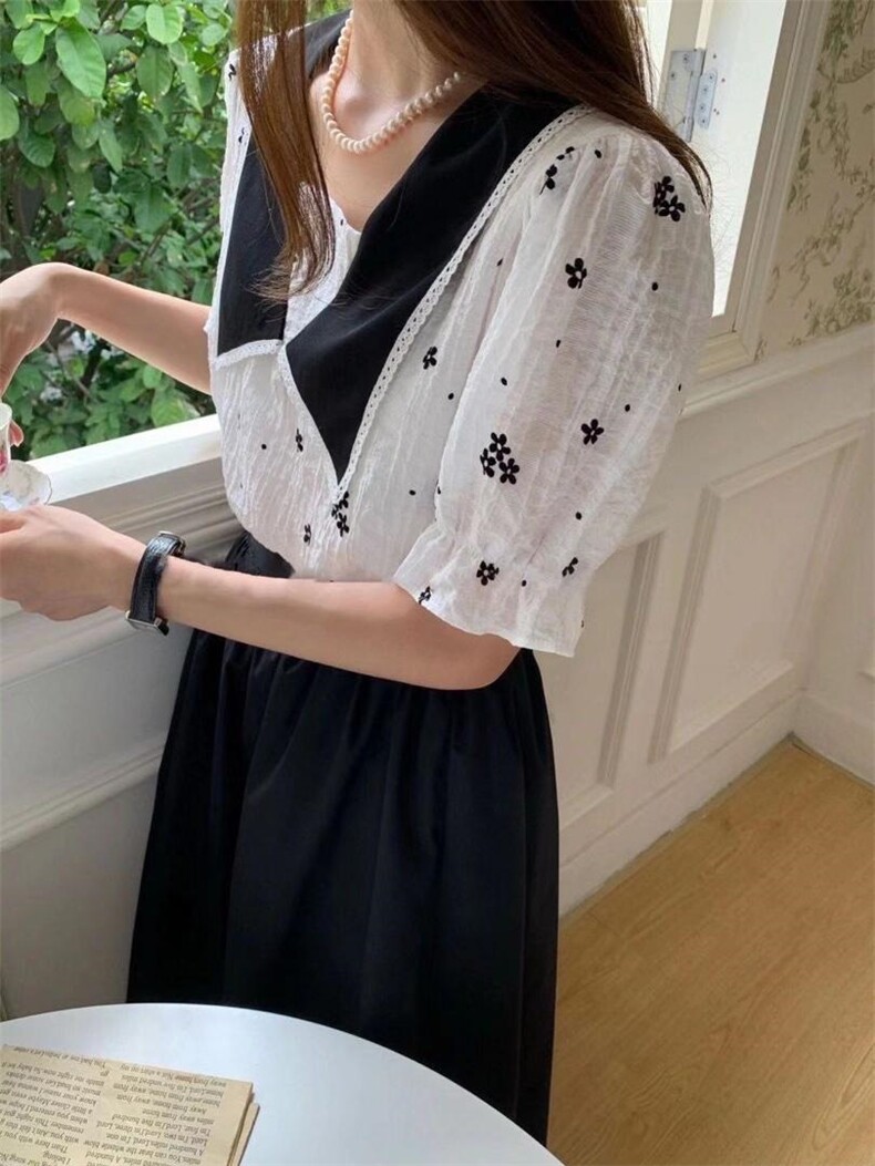 2021夏季新款黑领子绣花小清新上衣小衫，女装，千衣百顺
