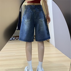 美式复古汉堡薯条毛巾绣牛仔短裤男女夏季潮牌宽松高街阔腿五分裤，男装牛仔裤，星座1210-1
