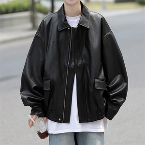 A802-P68 美式复古夹克宽松长袖上衣秋季新款机车服皮衣外套男图片