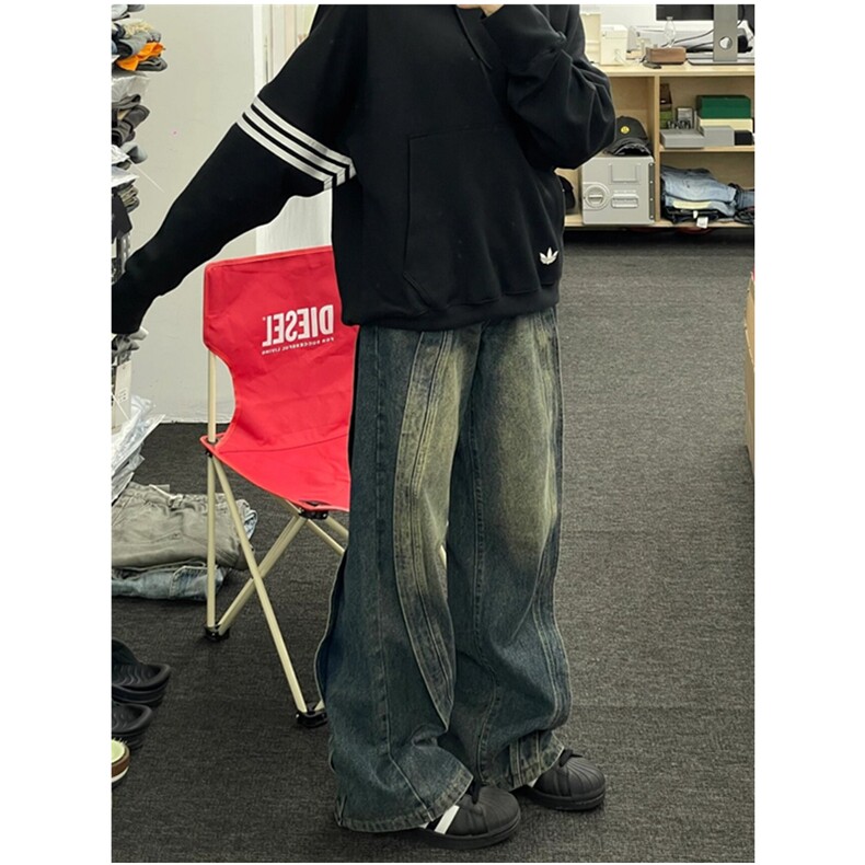 高级感拼接牛仔裤男宽松高街阔腿垂感直筒裤长裤N3025,男装牛仔裤,星座1116A（原606A-3）