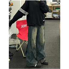 高级感拼接牛仔裤男宽松高街阔腿垂感直筒裤长裤N3025，男装牛仔裤，星座1116A（原606A-3）