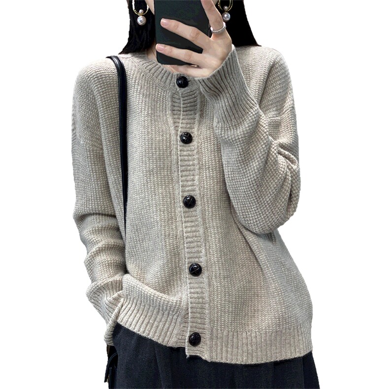 秋冬季新款女百搭显瘦时尚圆领羊毛开衫,女装羊毛衫,温贝羊绒