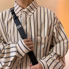 日系复古男生竖条纹衬衫休闲宽松坠垂感盐系杏色小众设计感衬衣，男装衬衫，星座601-2