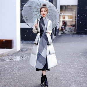时尚设计感格纹毛呢拼接羽绒服女2025冬季新款气质高端白鸭绒外套图片