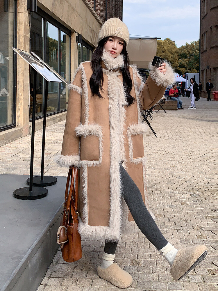 现货主推皮毛一体加厚长款210-6352-P190-K3182025年冬季,女装羊羔毛/颗粒绒,浙宝210（原浙宝191）