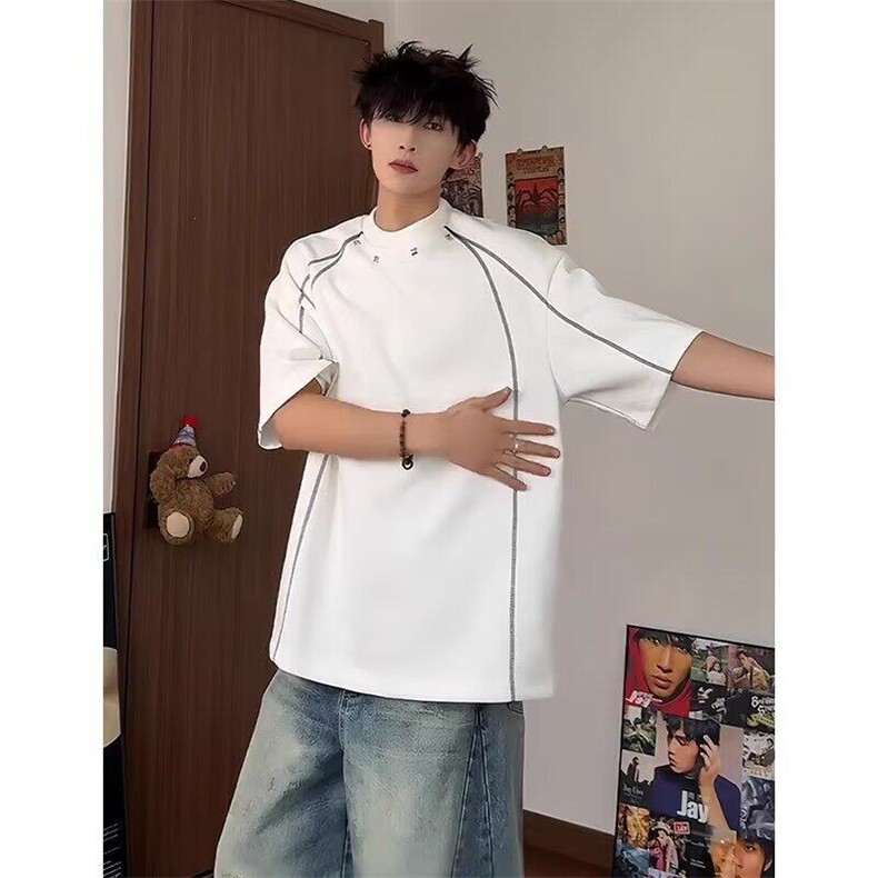 【网图现货】美式复古解构拼接短袖t恤男夏季宽松上衣T1421/P27,男装T恤,星座205-3