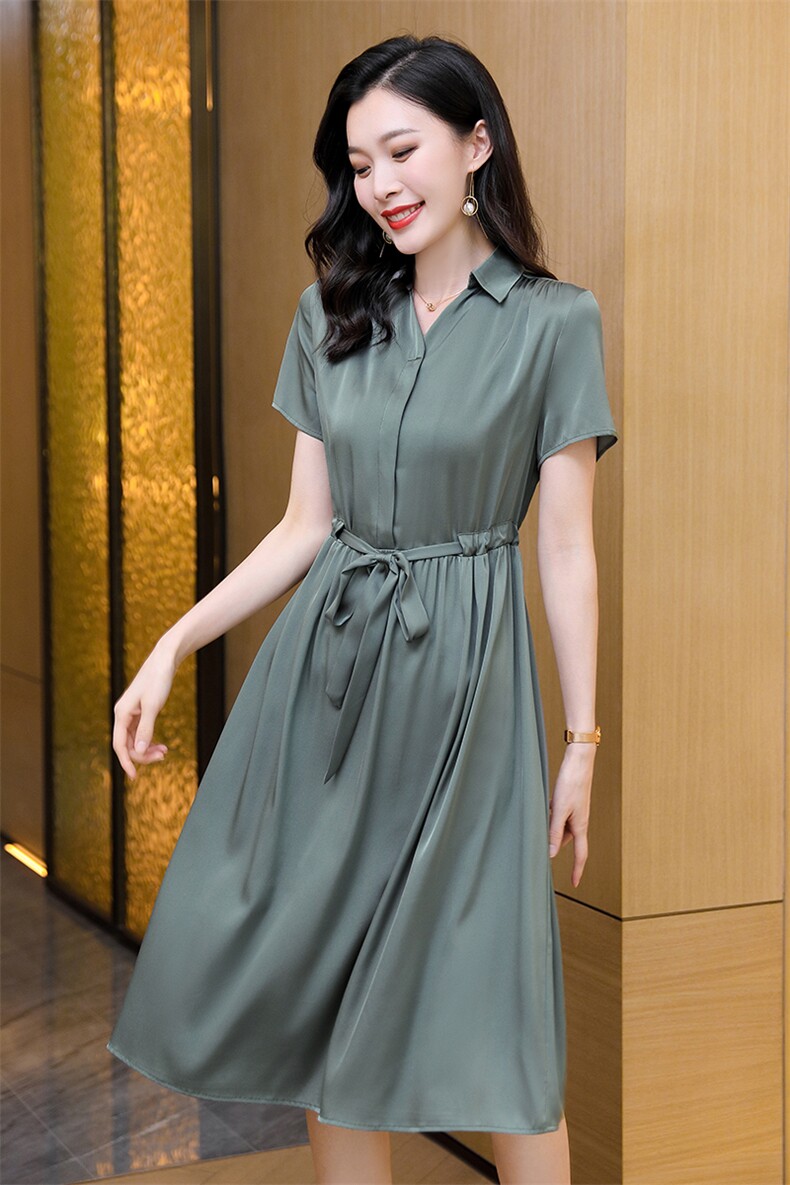 双绉真丝连衣裙夏天大牌气质纯色高档贵夫人大码中年妈妈丝绸裙子,女装连衣裙,阿舍尔精品