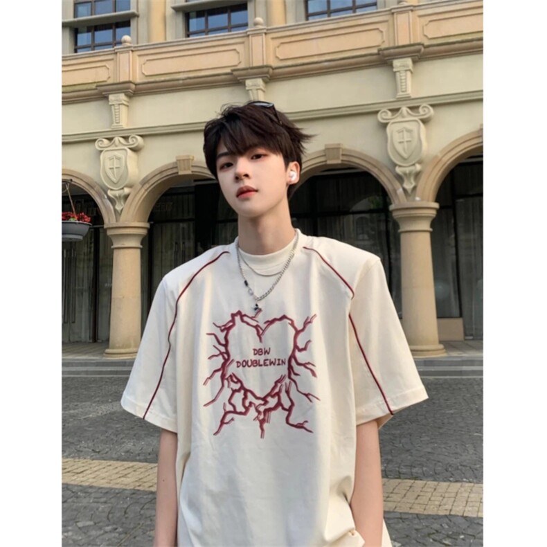 现货自制款爱心印花织带美式设计款垫肩短袖,男装T恤,星座910A