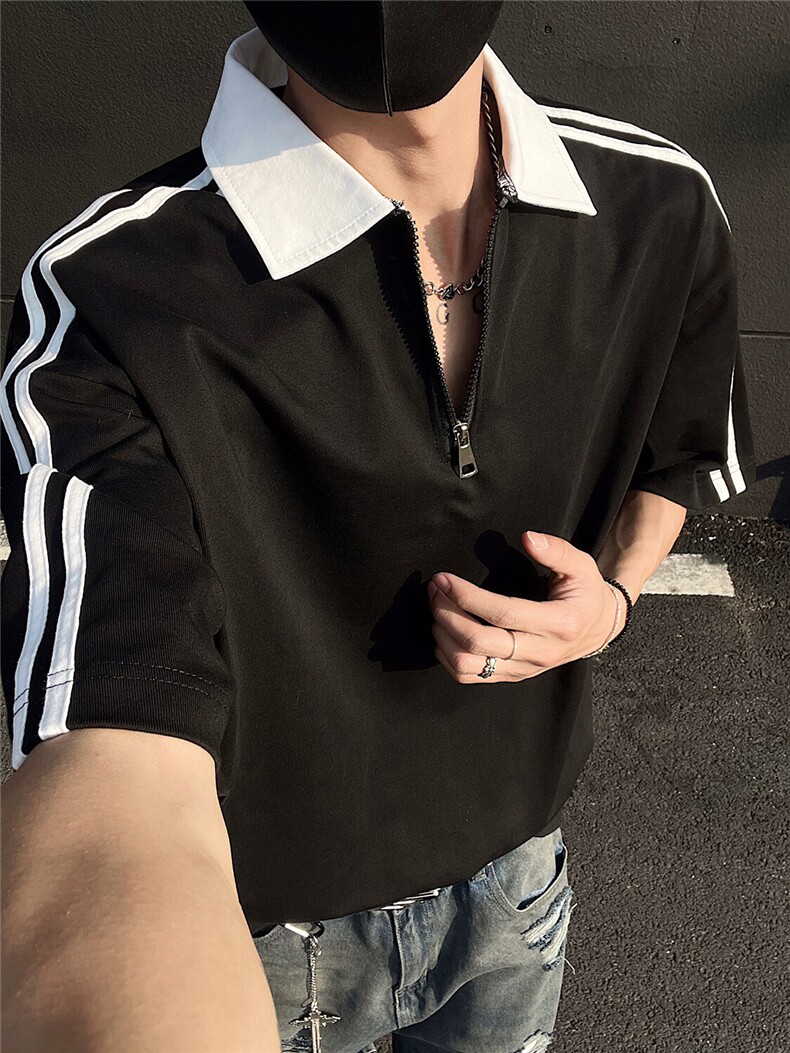 得物300克重磅纯棉宽松撞色打底短袖拉链POLO衫T恤男RH5033-特P40,男装T恤,星座610B-1